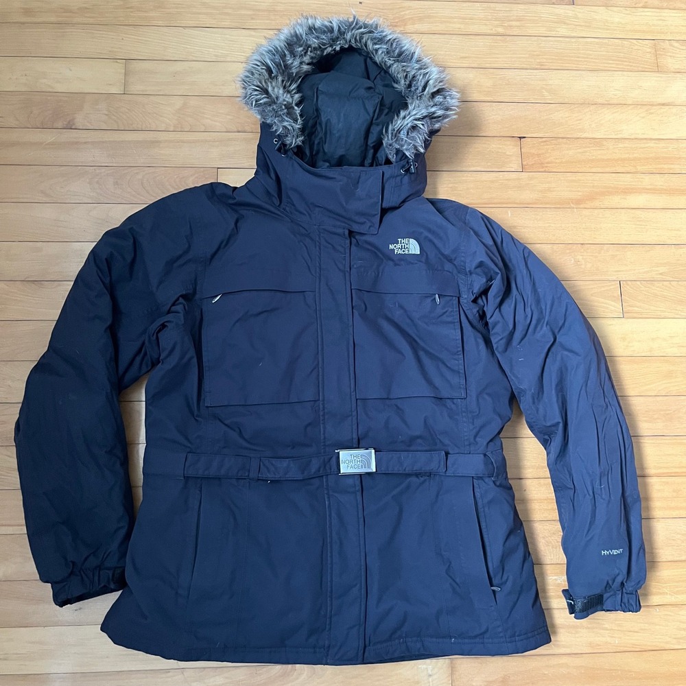 The North Face HyVent Parka Jacket Black Faux Fur Hood Belted Womens XL